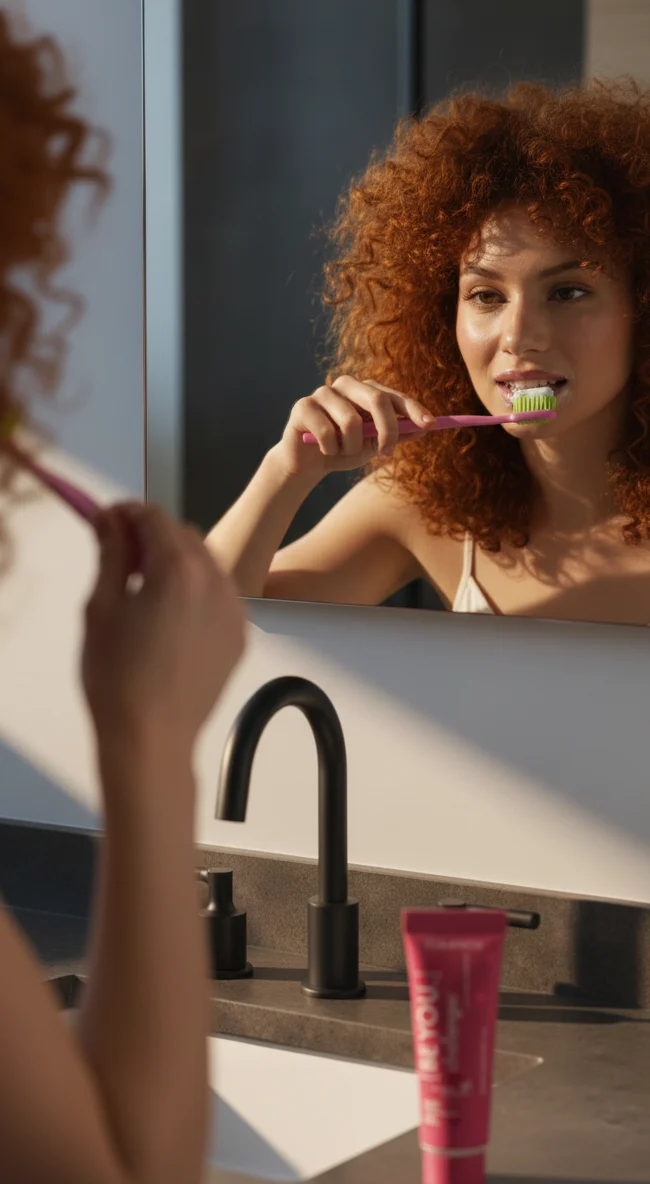 Firefly GeminiFlash High‑end mirror reflection composition. A young woman red curly thick voluminous hai 407280 kopie