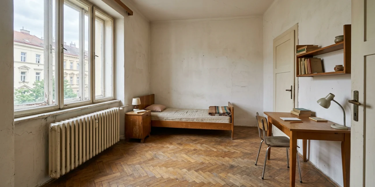 Firefly GeminiFlash realistic bedroom or home office in an older Czech apartment before renovation prese 303747 kopie